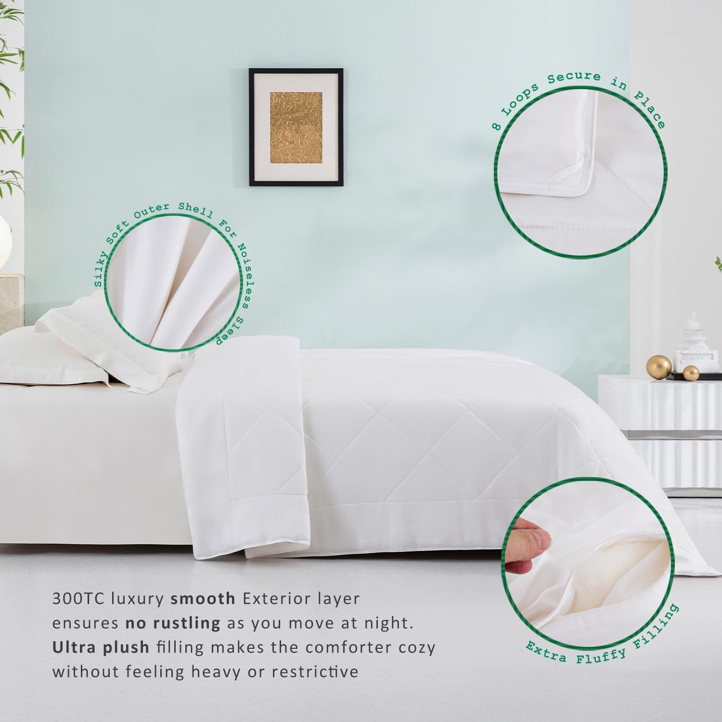 TOSMO Luxury Comforter, 100% Viscose from Bamboo Shell & Fill, Soft Breathable Cooling Silky Duvet Insert, Down Alternative Blanket for Restful Sleep (Queen, All Seasons White)