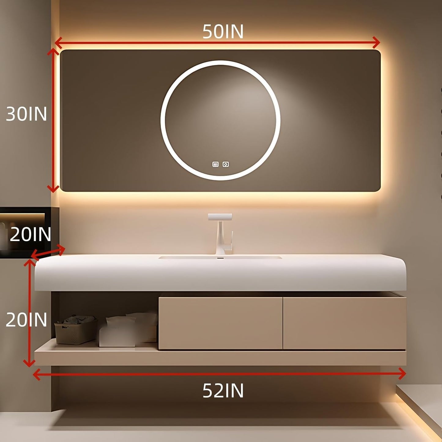 52IN Bathroom Vanity with Sink - Bathroom Cabinet Set has 2 Drawers & Overflow Hole Wall Mounted | LED Practical Defogging Mirror, Open Compartments, Seamless Rock Slab Basin (Khaki)
