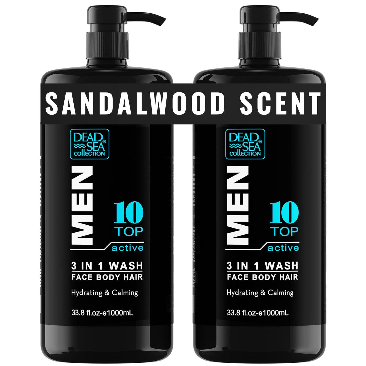 Dead Sea Collection TOP 10 ACTIVE Mens Body Wash 3 in 1 – Sandalwood Body Wash for Men – Shower Gel – Shampoo – Shower Soap for Face and Hair – Pack of 2 Bottles (33.8 Fl. Oz. Each)