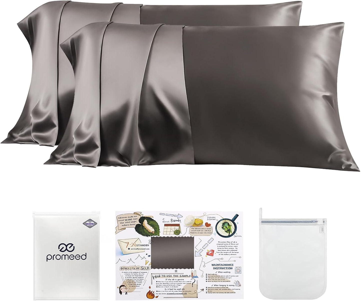 PROMEED 100% Silk Pillowcase 2 Pack, Zipper Closure, 23 Momme 3rd Gen Grade 6A+ Mulberry Silk Pillow Case Set of 2, Real Silk Pillow Cases for Hair and Skin (King 20"x36", Grey)