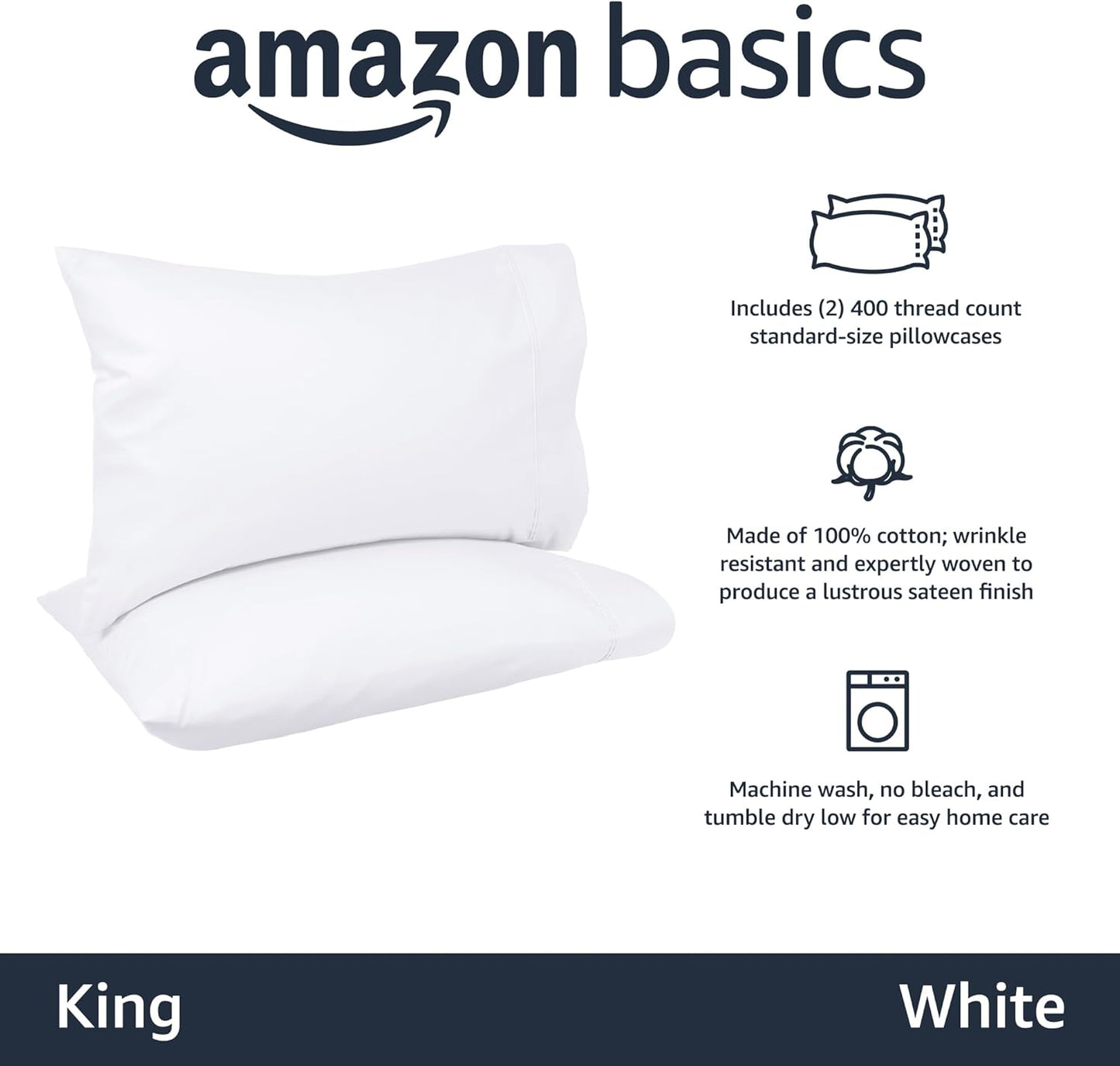 Amazon Basics 400 Thread Count Soft Cotton Pillow Case, King Size, 40" L x 20" W, Machine Washable, White - Set of 2, Pillows Not Included