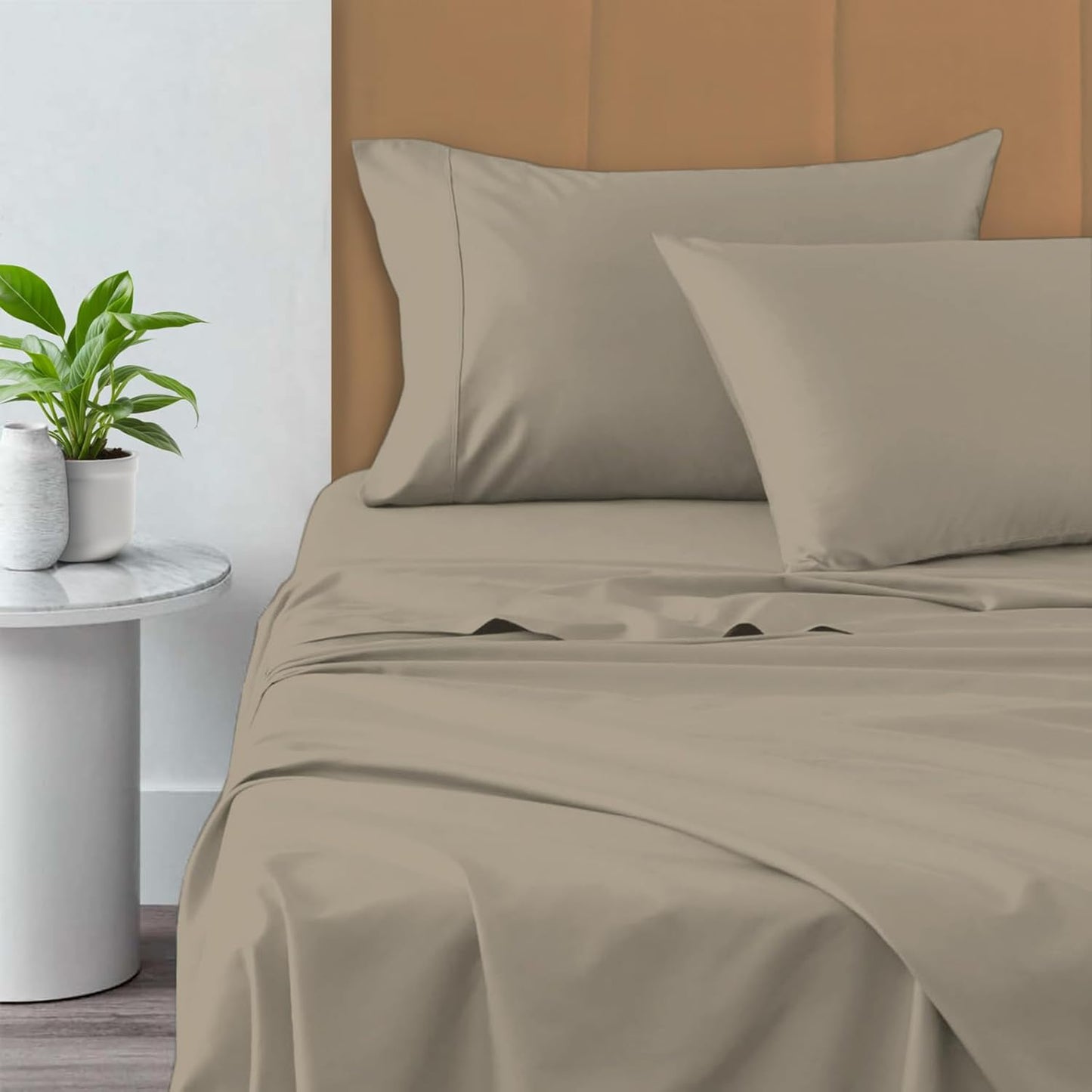 Pizuna Pure 100% Cotton Queen Size Sheet Set Simply Taupe, 800 Thread Count 100% Long Staple Cotton Sateen Queen Sheet Set with 15" Deep 2 Extra Pillowcases (Combed Cotton Bed Sheet Set)