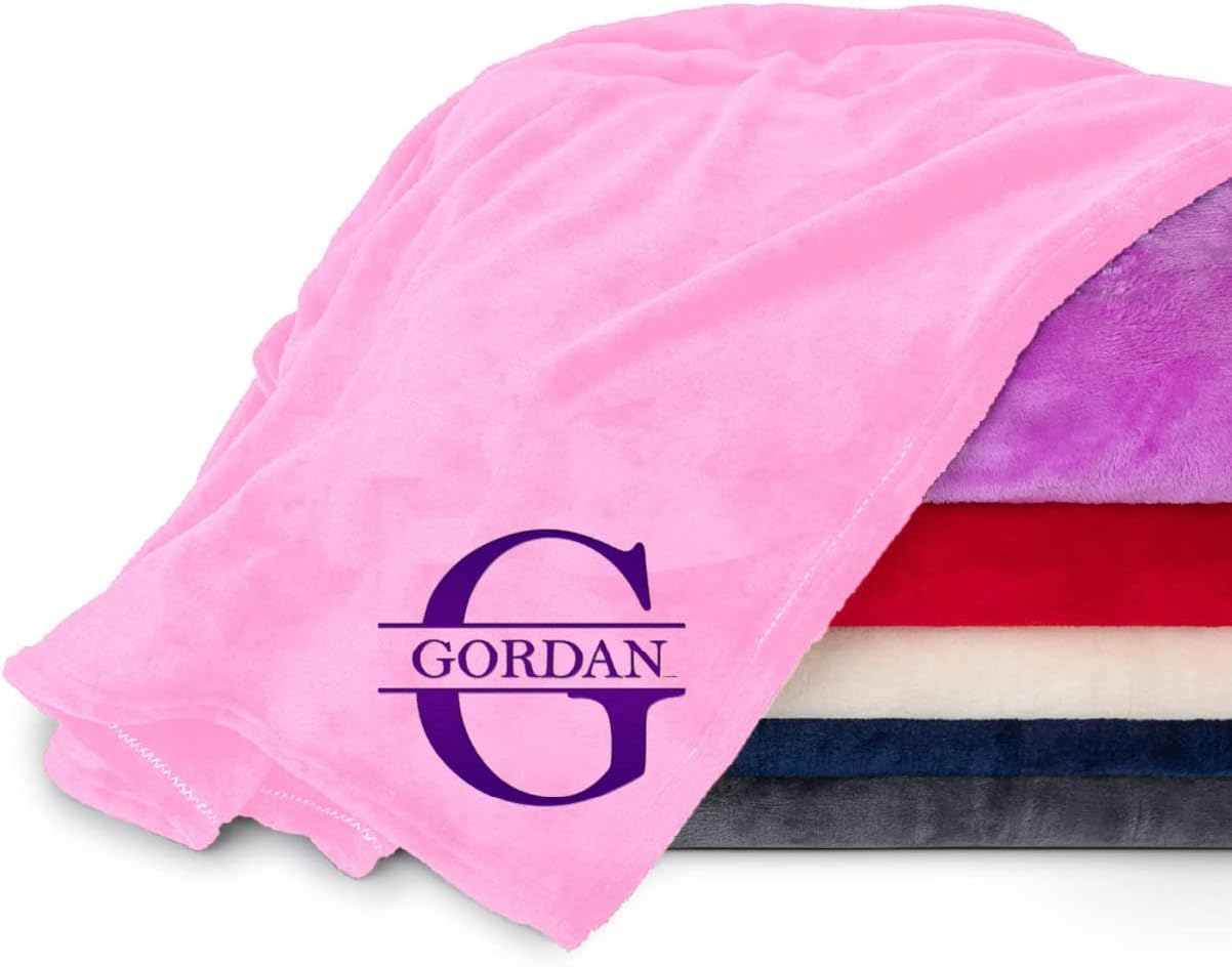 Personalized Passion Blankets with Custom Name & Initial Monogram - Super Soft and Cozy Fleece - Unisex Custom Blanket for Him and Her - 80x60 Inches - Light Pink
