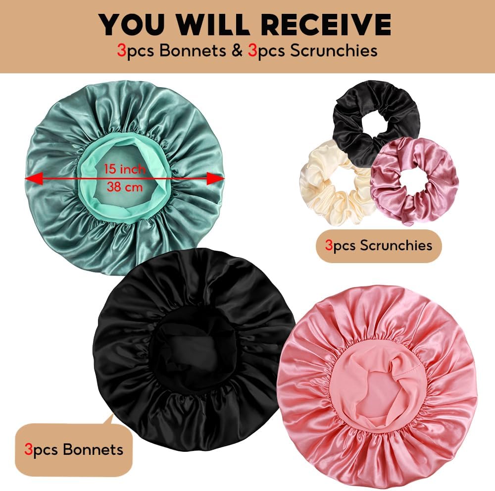3+3 Large Satin Bonnets with Scrunchies for Women, Wide Band Hair Bonnet for Sleeping Braids Curly Hair