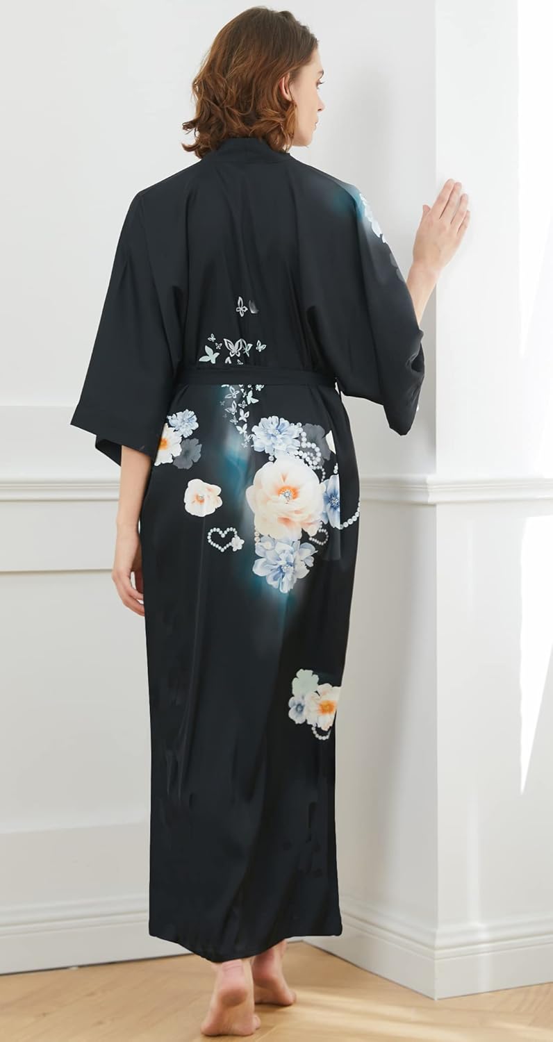 Ledamon Women's Kimono Long Robe - Classic Floral Bathrobe Nightgown