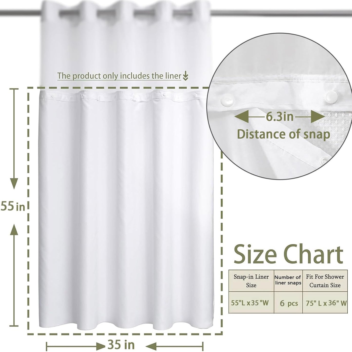 YellyHommy Waterproof Fabric Snap in Shower Curtain Liner Replacement with 2 Magnets 35" W x 55" L for 36" W x 75" L No Hook Shower Curtain - Removable & Detachable to Wash - White