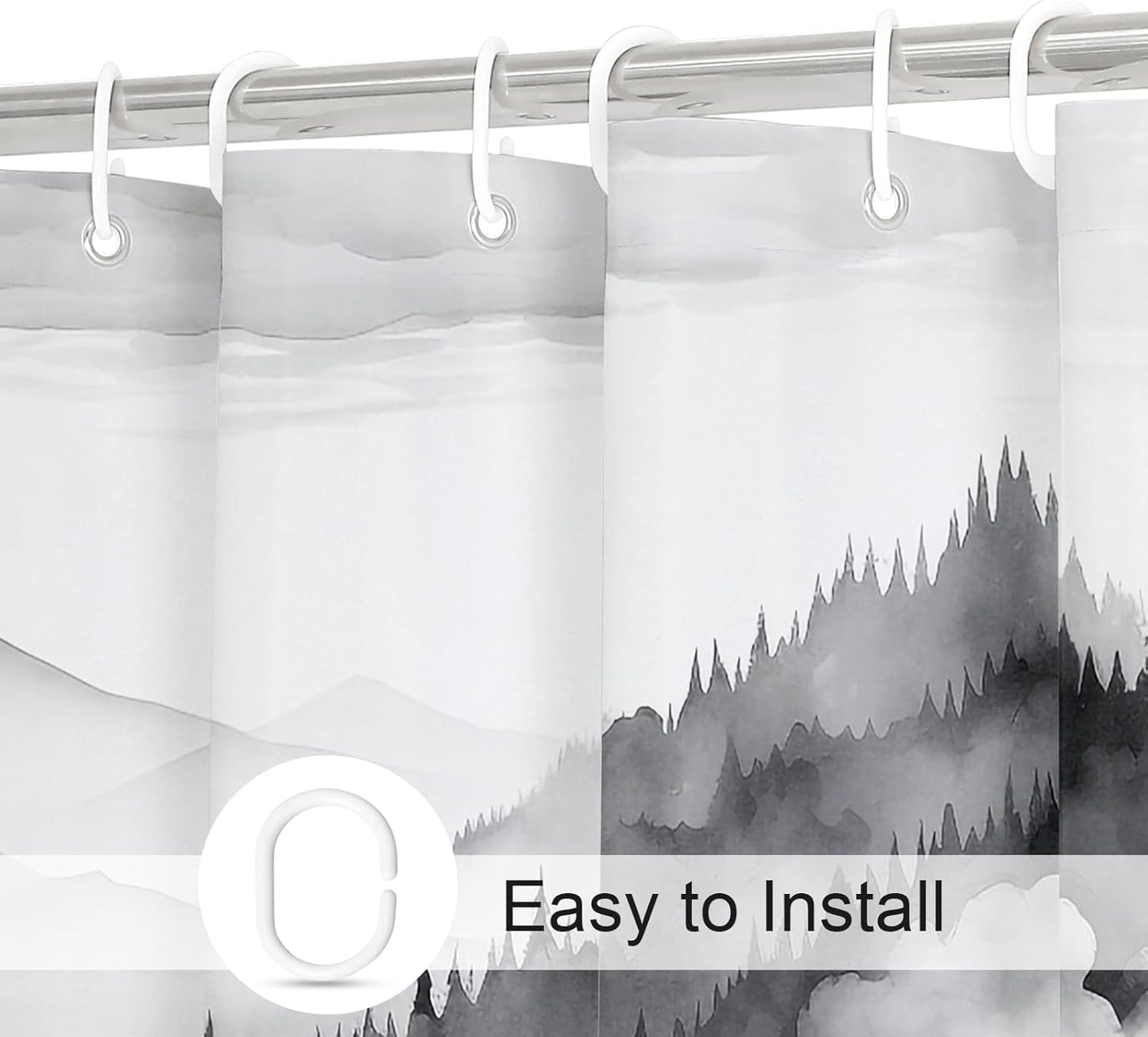 Black and Grey Misty Pine Forest Shower Curtain, Mountain Foggy Woodland Scenery Tree Shower Curtains for Chic Rustic Bathroom, Abstract Modern Waterproof Nature-Themed Decor, 72x72 Inches