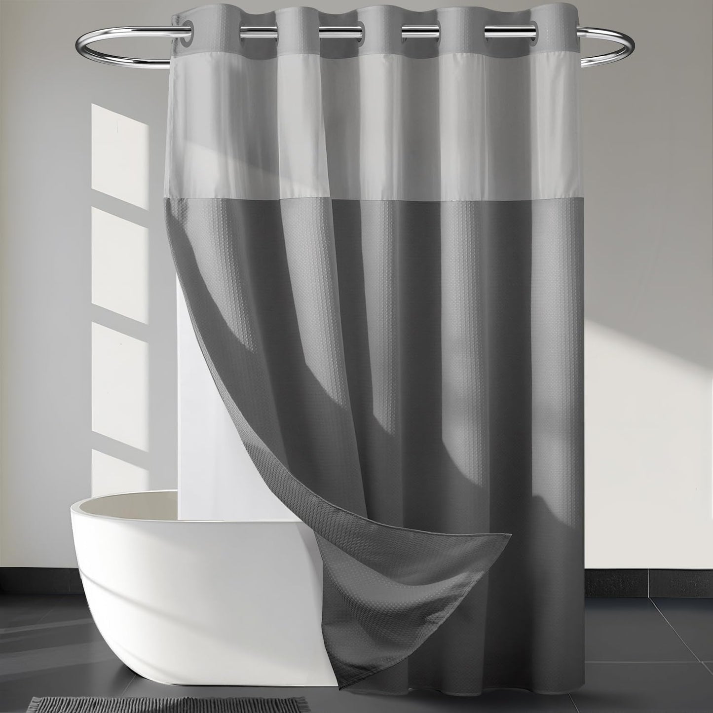 River Dream Heavyweight No Hooks Required Dotted Waffle Weave Shower Curtain with Snap in Liner - 71W x 80H,Hotel Grade,Spa Like Bath Curtain,Gray