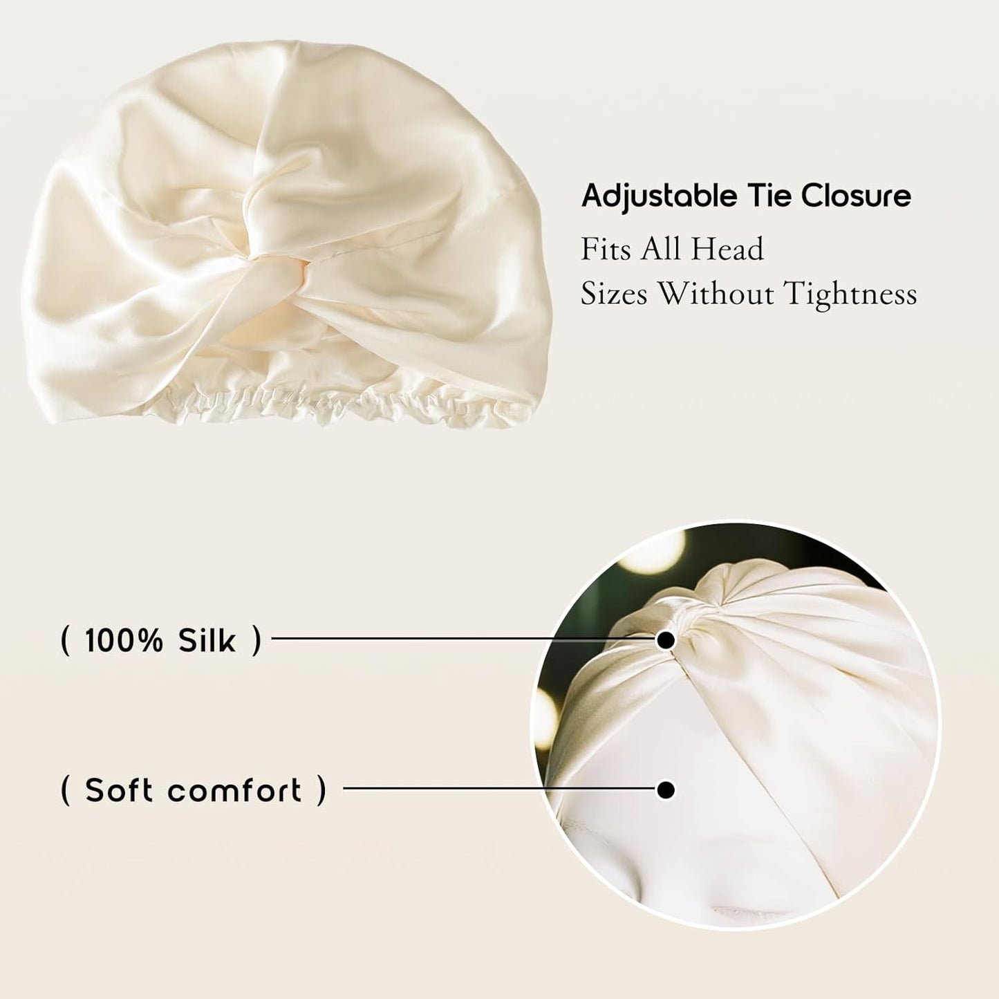 100% Mulberry Silk Bonnet for Sleeping, Adjustable Tie Closure for Women, Breathable Hair Wrap for Hair Protection