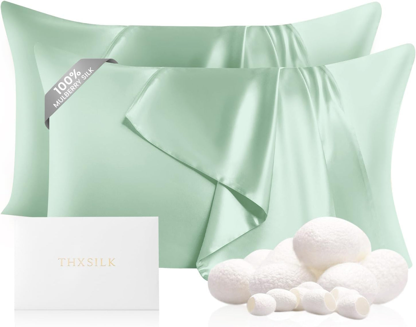 THXSILK Set of 2 Silk Pillowcase for Hair and Skin, 100% Mulberry Silk Bed Pillowcase 22 Momme, Hypoallergenic Soft Breathable Silk Pillow Case with Hidden Zipper, King Size 20"x36", Turquoise Green