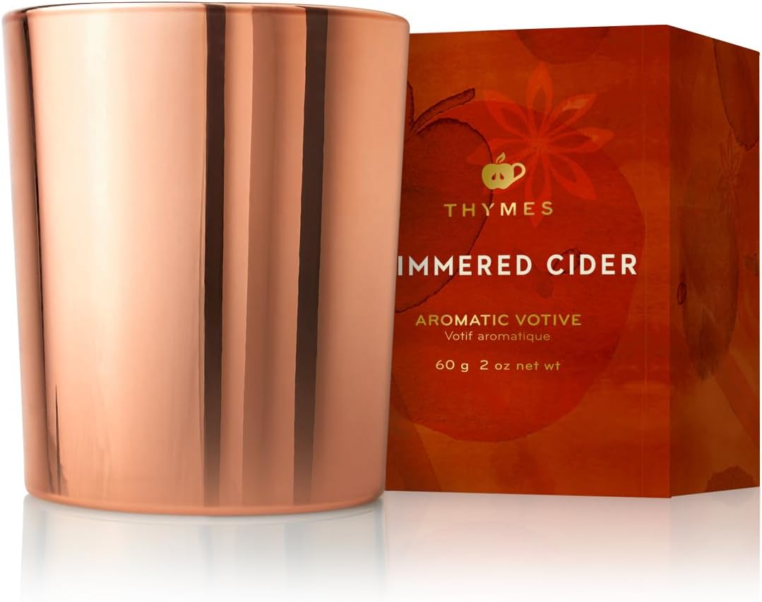 Thymes Scented Candles for Home Decor - Luxury Home Fragrance Gifts for Women & Men - Fall Candles with Warm Notes of Apple, Clove, & Cardamom - Rose Gold Votive (Simmered Cider, 2 oz)