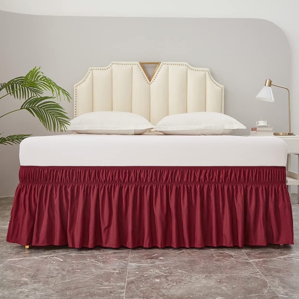 MEILA Wrap Around Bed Skirt Three Fabric Sides Elastic Dust Ruffled 14 Inch Tailored Drop,Easy to Install Fade Resistant-Burgundy, Twin/Full