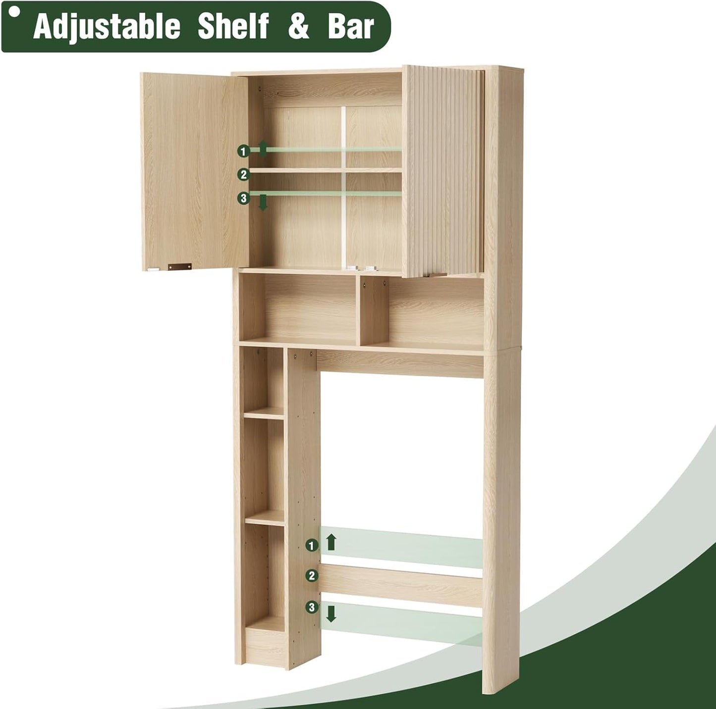 31" W Over The Toilet Storage Cabinet with Fluted Door, Oak Bathroom Organizer with Adjustable Shelf, Natural Toilet Paper Holder Stand Wave Door for Restroom, Laundry Room