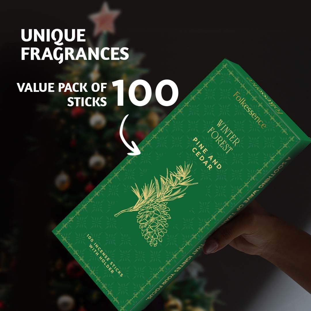 Folkulture Incense Sticks | Set of 120 Insence-Sticks with Holder for Relaxation |Pine & Cedar Incense| Organic, Slow Burning & Non Toxic Inscents | Luxe Woody Fragrances for Meditation