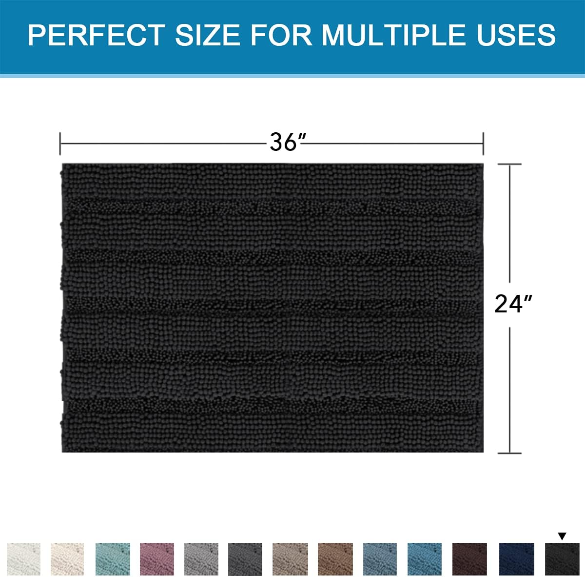 H.VERSAILTEX Bath Mats for Bathroom Non Slip Extra Thick Chenille Striped Bath Rug 24" x 36" Absorbent Non Skid Fluffy Soft Shaggy Rugs Washable Dry Fast Plush Mats for Indoor, Bath Room, Tub - Black