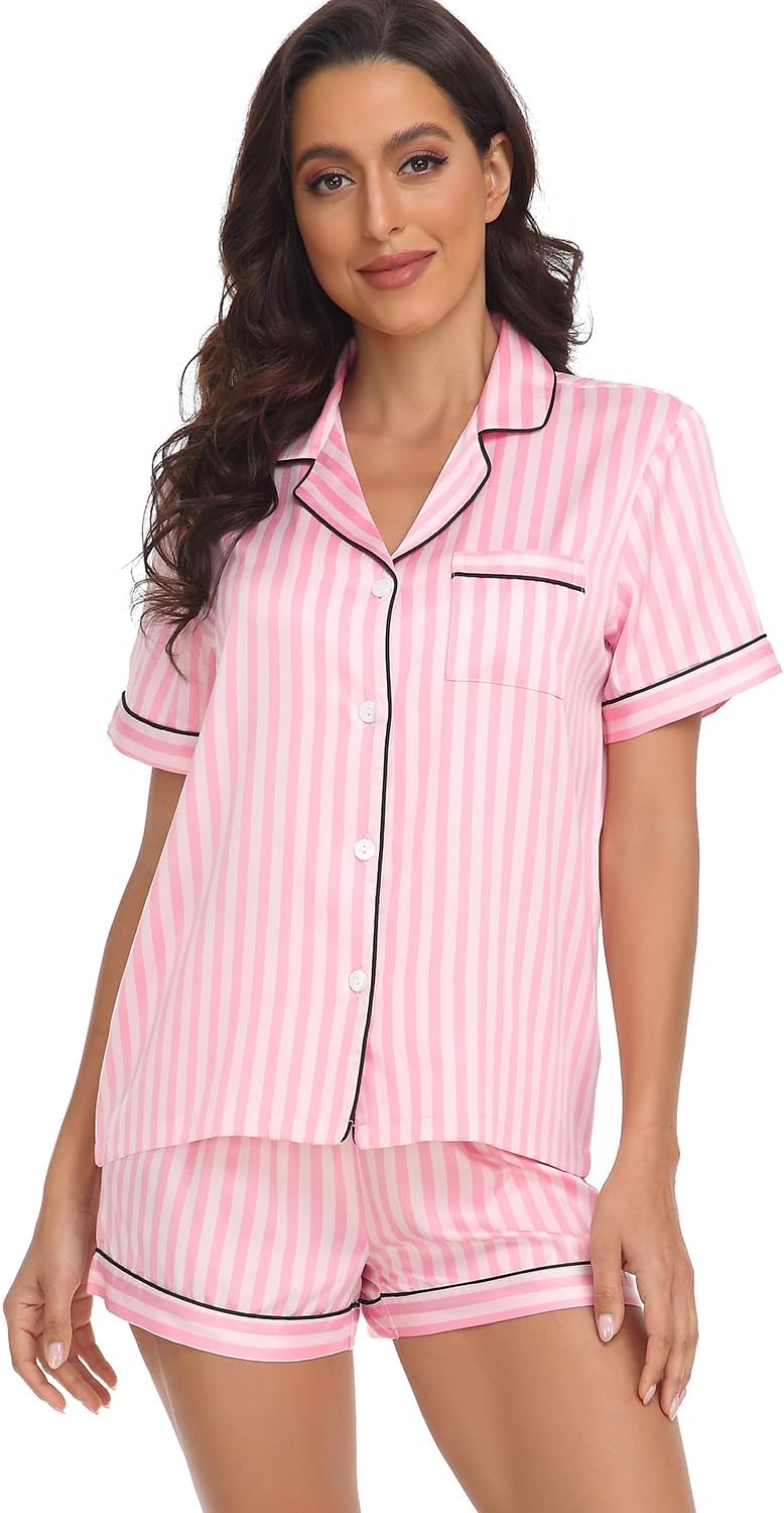 Women's Satin Pajama Set 2-Piece Sleepwear Loungewear Button Down Short Sleeve Silky PJ Set