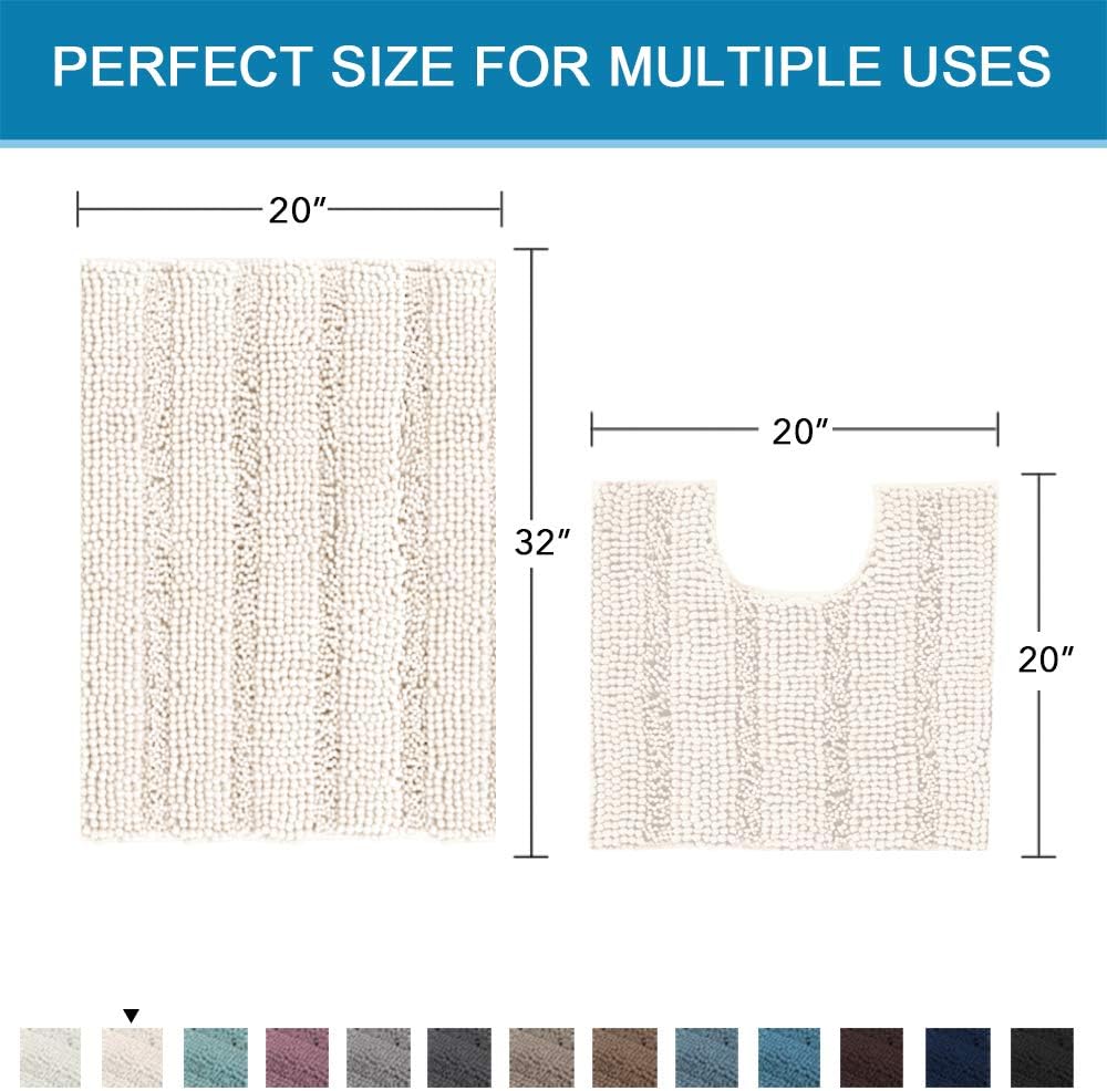 H.VERSAILTEX Bathroom Rugs Bath Rug Set 2 Piece Bathroom Contour Rug Toilet Mat Sets Non Slip Contour Bath Rug Ultra Thick Water Absorbent Striped Bath Mats Washable(20" x 32" Plus 20" x 20" U, Ivory)