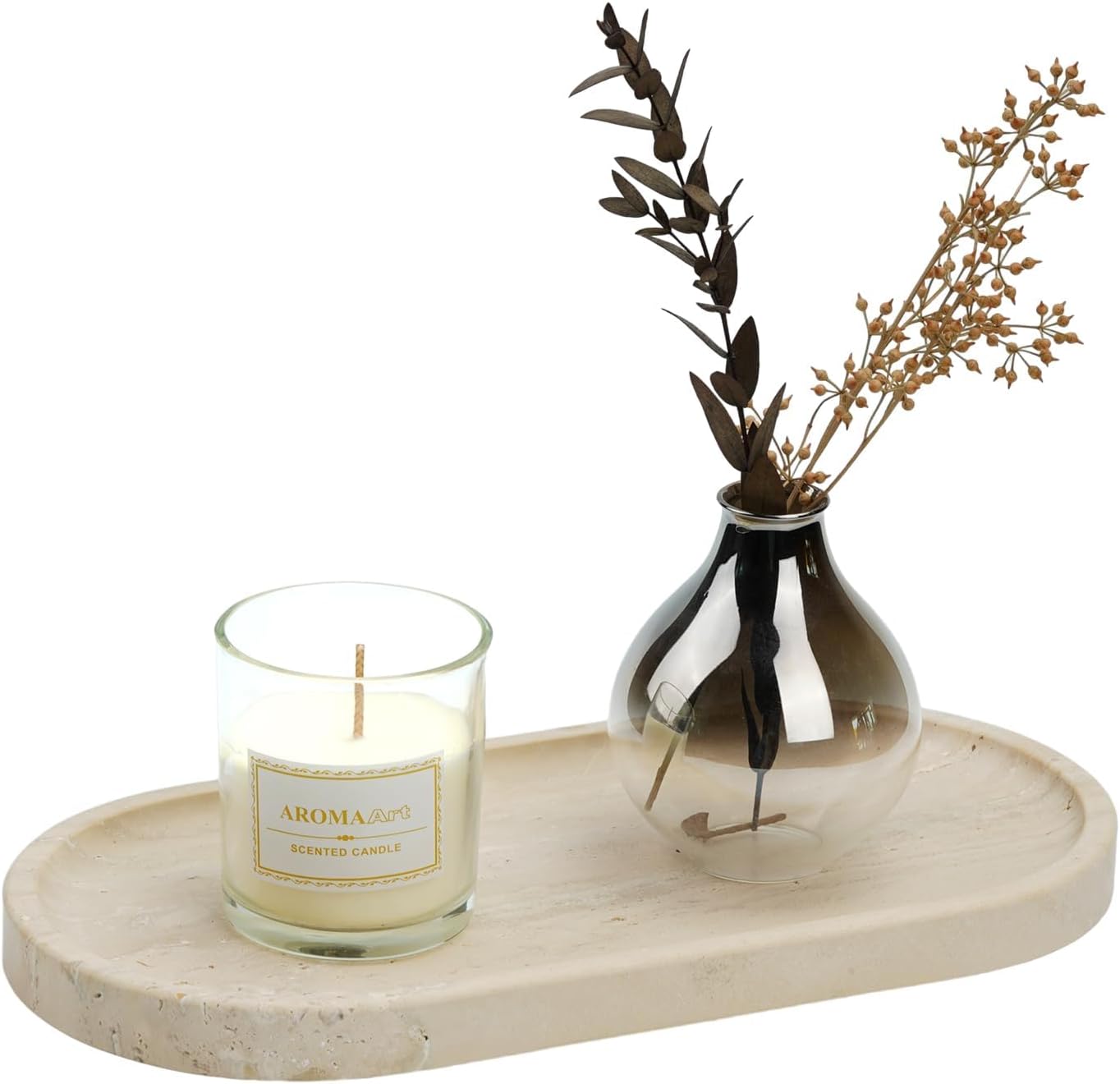 Koville Italian Travertine Tray, 12"x6" Vanity Decorative Marble Tray for Countertop, Catchall for Perfume, Candles, Jewelry Dish