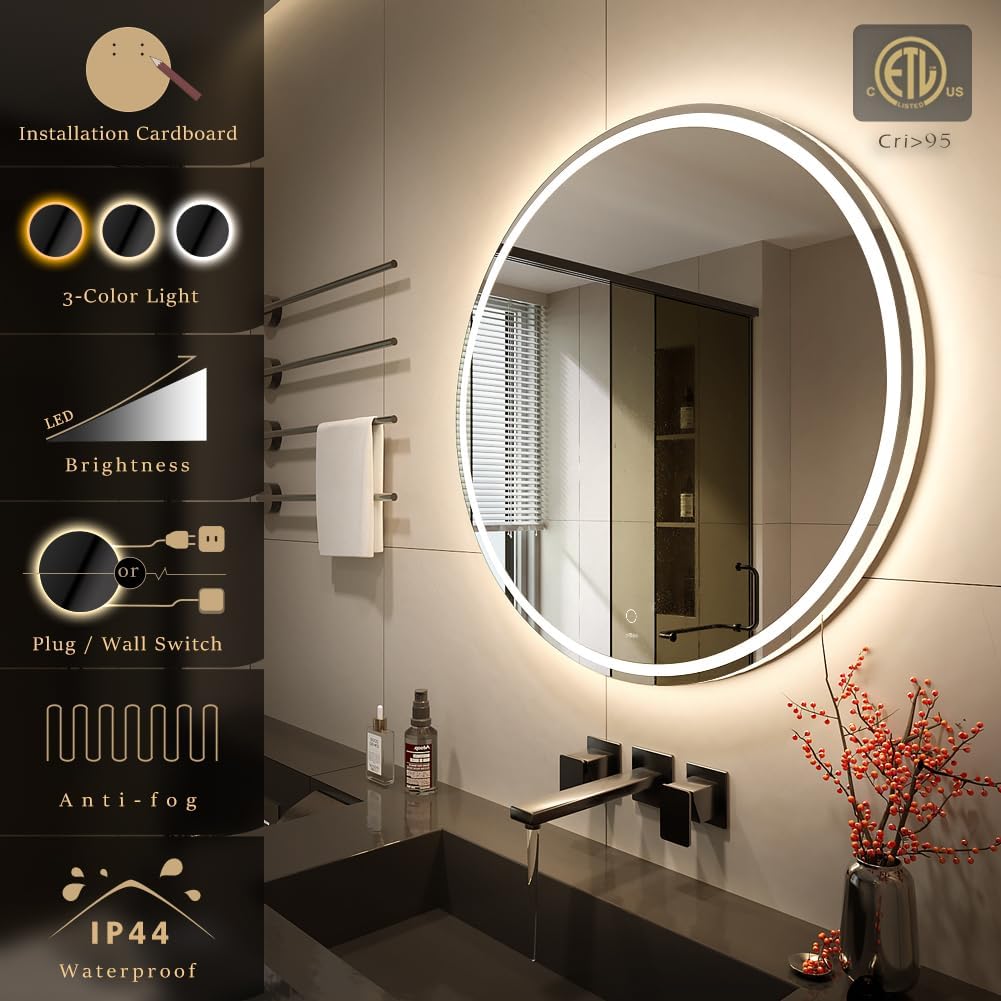KWW 32 Inch Large Modern LED Round Bathroom Vanity Mirror, Color Temperature Adjustable, Anti-Fog Dimmable Lights, Easy to Install, Wall Mounted Makeup Mirror with Smart Touch Button