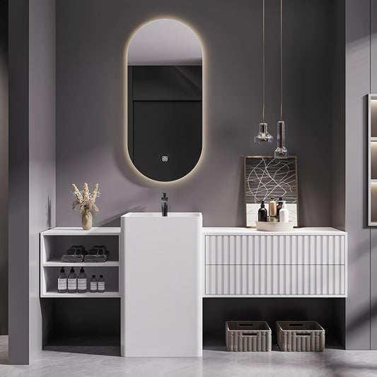 84Inch Freestanding Sink Bathroom Vanity, Wall-Mount Bathroom Cabinet with Open Storage and Striped Drawers, Solid Wood Bathroom Vanity with Smart Defog Mirror and Spacious Rock Plate Countertop