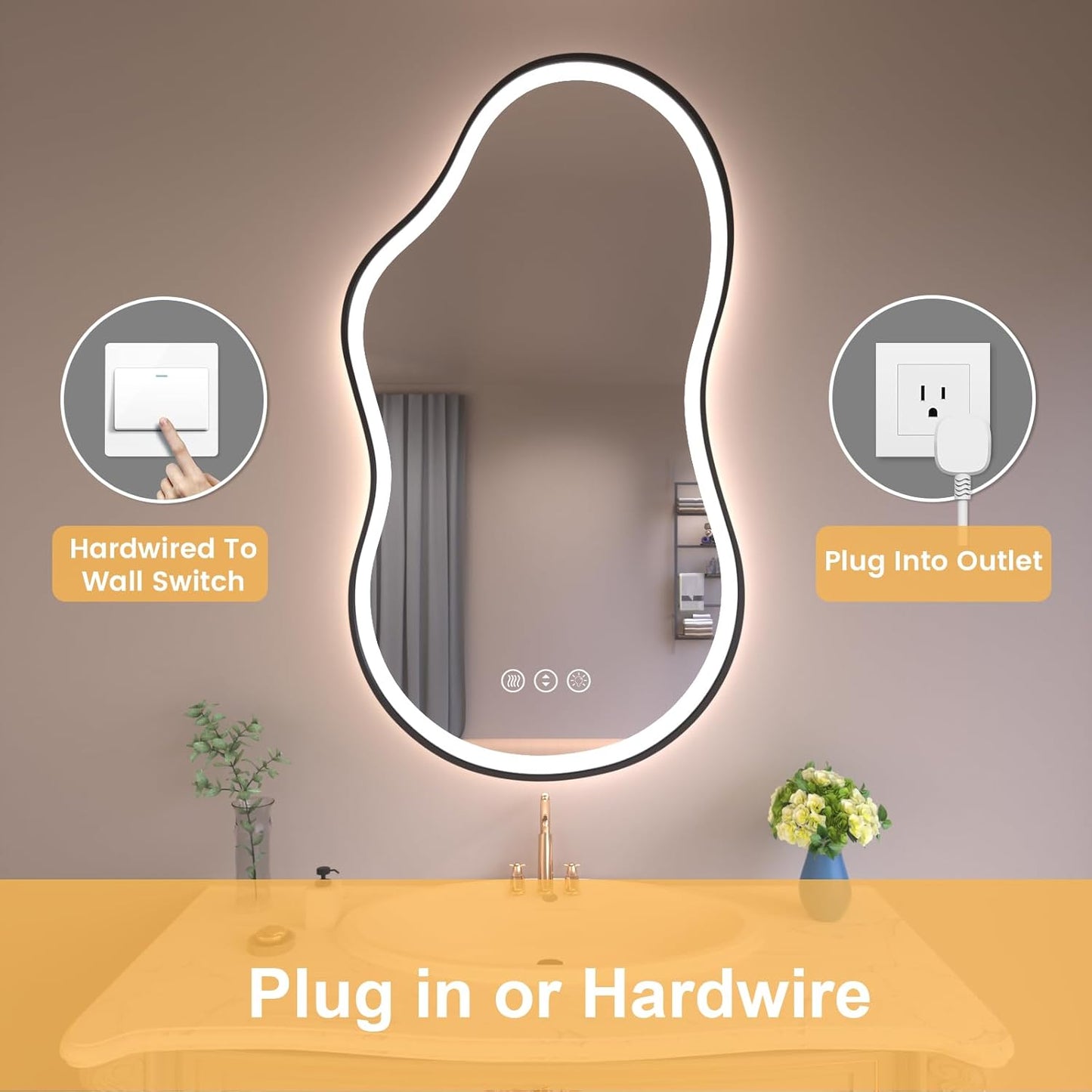 WTTY LED Irregular Bathroom Mirror 24x36 Inch with Front & Back Lights - Asymmetrical Design, Anti-Fog, Dimmable 3 Color Temperatures, Shatterproof Glass, Horizontal or Vertical Mount (Black Frame)
