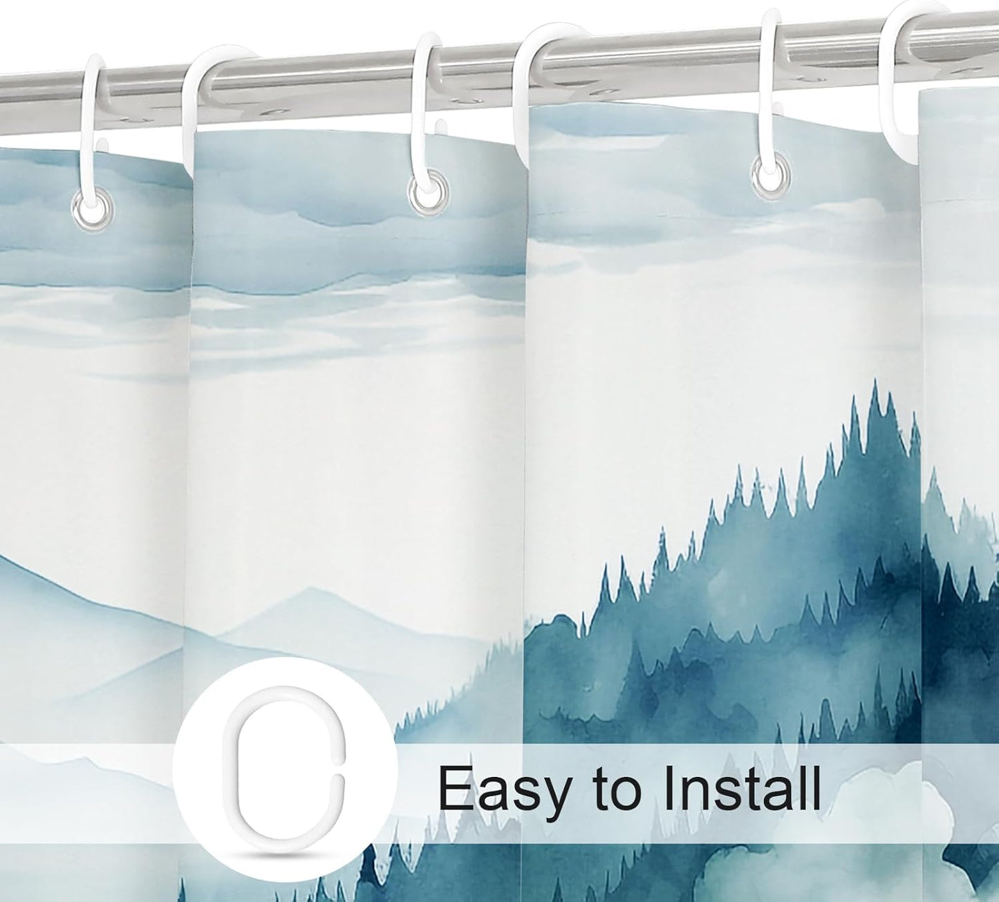 Peacock Blue Long Misty Pine Forest Shower Curtain 72 x 78, Mountain Foggy Woodland Scenery Tree 78 Inch Long Shower Curtains for Bathroom, Abstract Waterproof Nature-Themed Decor