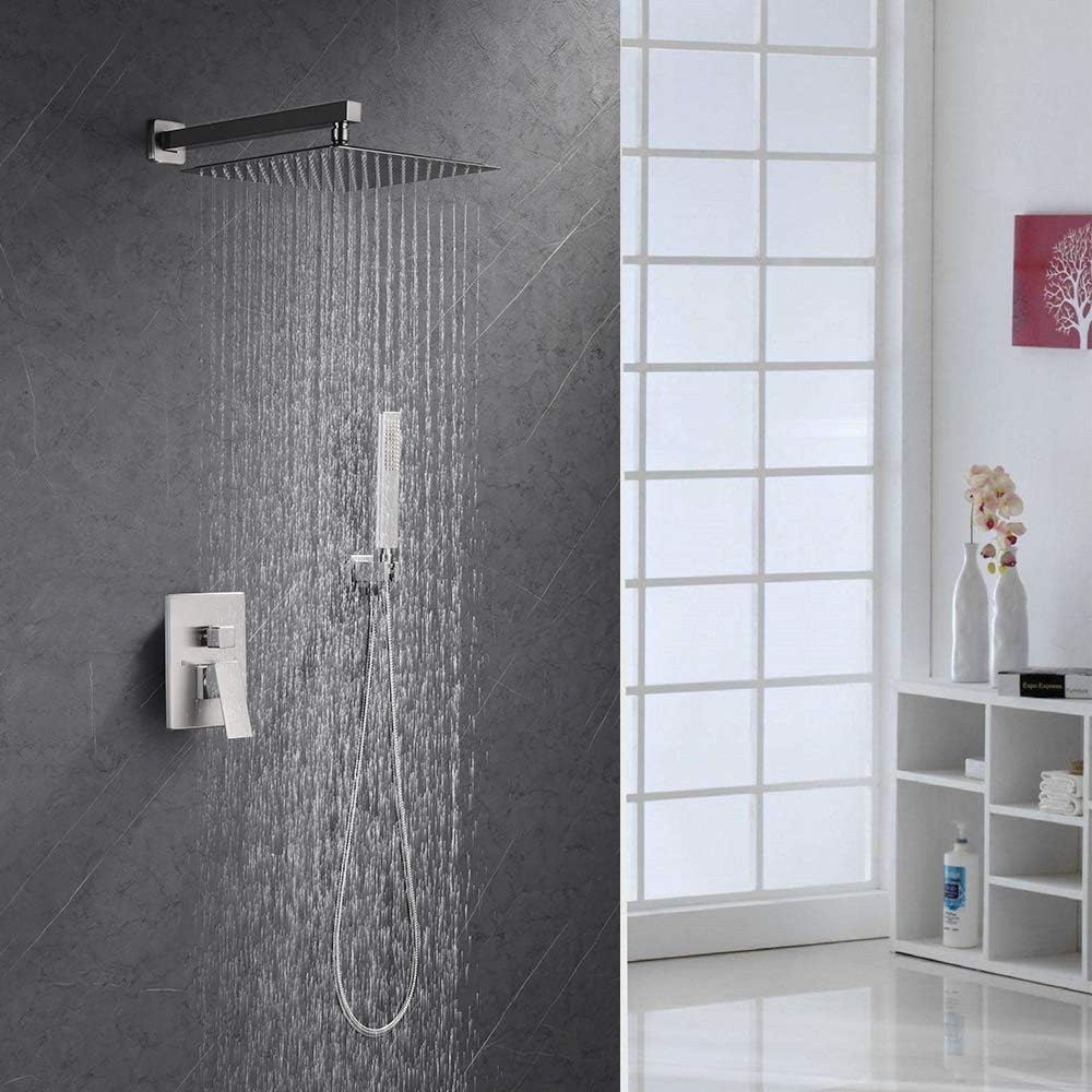 Iriber Brushed Nickle Shower System 10 Inch High Pressure Rainfall Shower Head Brass Shower Set Bathroom Rain Shower Mixer Shower Valve Modern Rain Shower and Shower Faucet and Handheld Combo Set