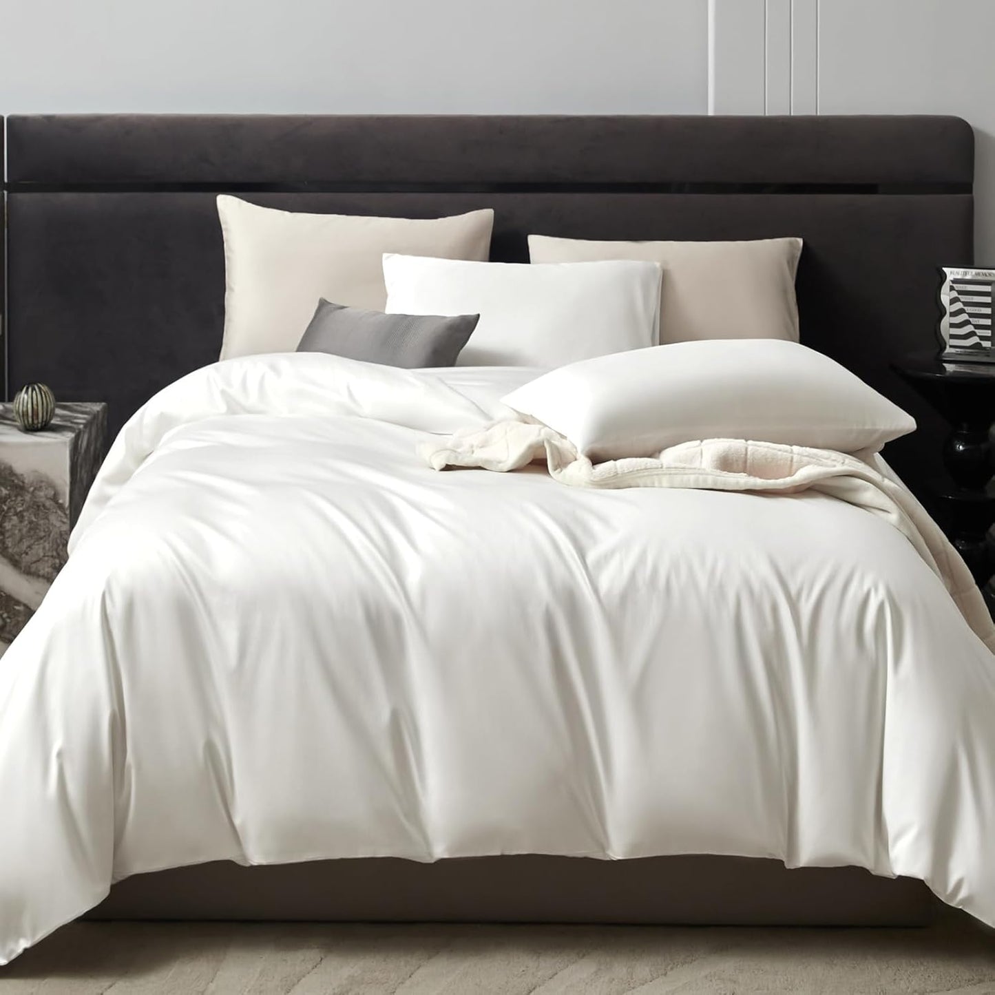 PURE ERA Duvet Cover Set 800 Thread Count Long Staple Cotton Sateen Silky Soft Luxurious Smooth 3 Piece Set Solid White King