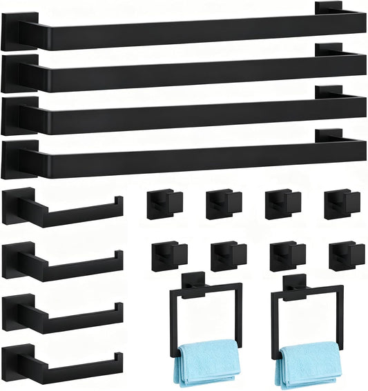 20-Piece Matte Black Bathroom Accessories Set, 16-in Bathroom Towel Rack Set, 304 Stainless Steel Bathroom Hardware Set, Robe Towel Hooks, Toilet Paper Holder Wall Mounted (20 Pcs)