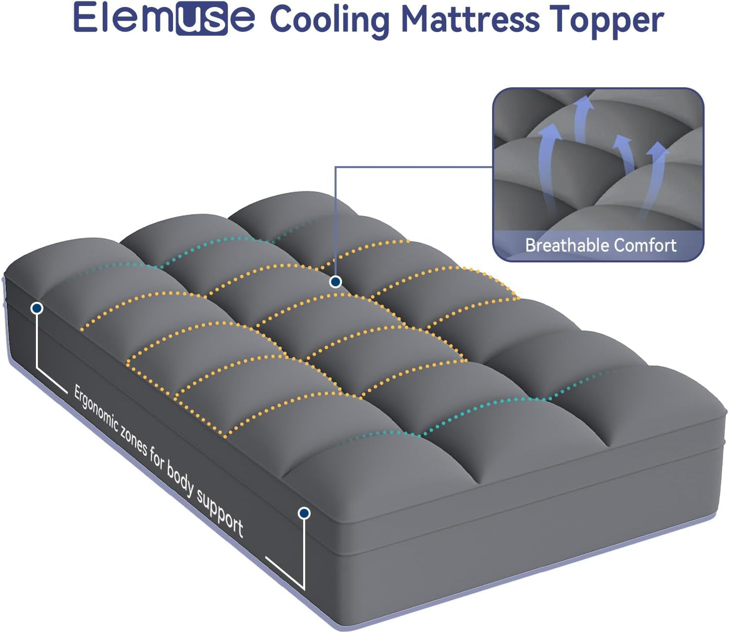 ELEMUSE Twin XL Grey Mattress Topper for College Dorm, Extra Long Twin Mattress Pad Cover for Back Pain, Plush Soft Pillowtop with Elastic Deep Pocket, Overfilled Down Alternative Filling