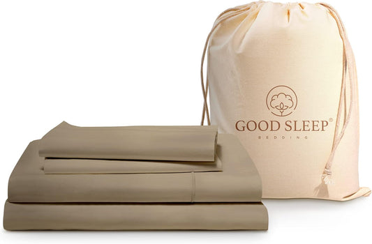 Good Sleep Bedding Twin Sheets Set - 100% Egyptian Cotton, Soft, 3Pc, Hotel Quality, Deep Pocket, Fits Upto 16" - Taupe