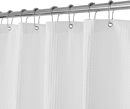 Barossa Design Waffle Weave White Shower Curtain Hotel Luxury Quality, Fabric Shower Curtains for Bathroom, Pique Pattern Cloth, Water Repellent and Machine Washable, Standard Size 71" x 72"