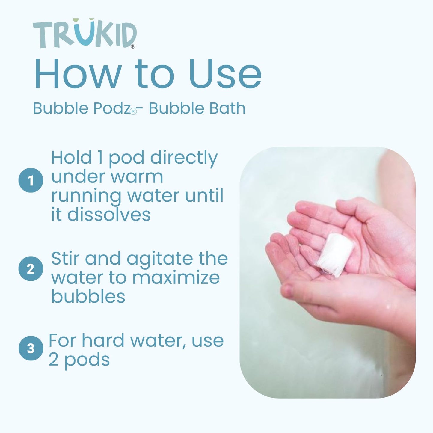 TruKid Bubble Podz Bubble Bath for Kids, Toddlers, & Babies, Tear Free Gentle & Refreshing Bath Bomb for Sensitive Skin with Natural Moisturizers, Non-Toxic, pH Balanced, Eucalyptus Scent (10 Podz)