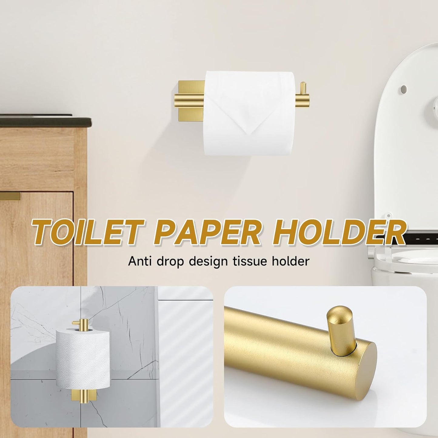 Brushed Gold Toilet Paper Holder Towel Bar Set, 5 Pieces Bathroom Hardware Accessories Set, 23.6 Inch Stainless Steel Towel Racks for Bathroom Wall Mounted