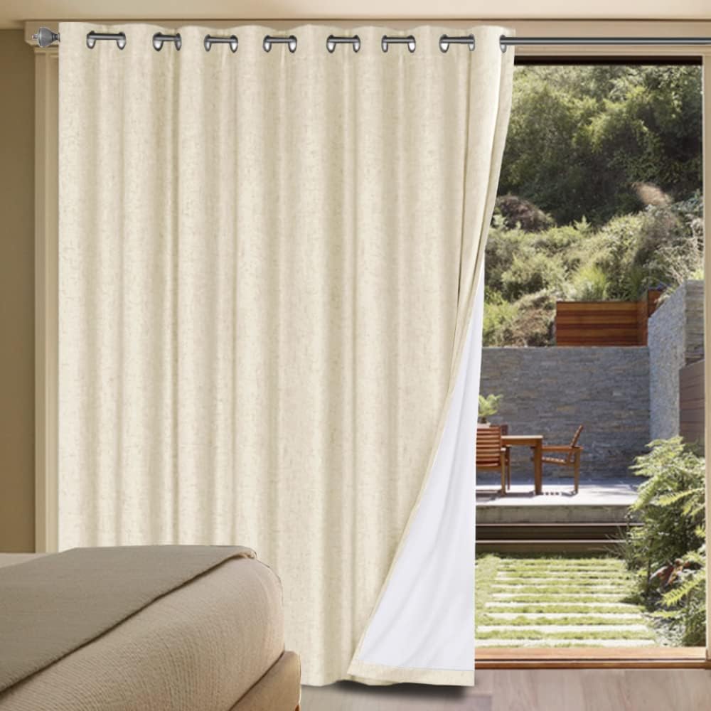 H.VERSAILTEX Linen Blackout Curtains Durable Thick Textured Linen Look 100% Blackout Patio Door Curtain Anti Rust Grommet Extra Wide Sliding Door Curtain Panel, Bleached Sand, W100 x L84 inch