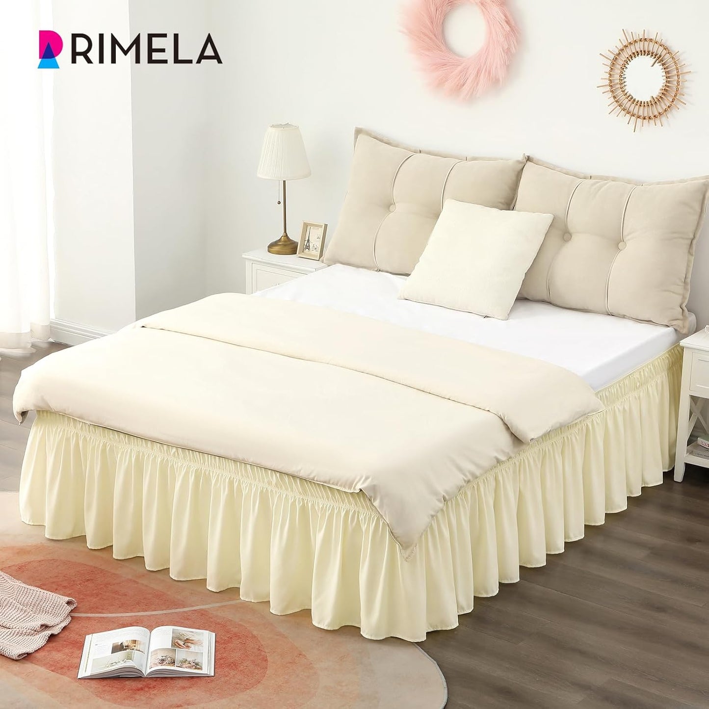 RIMELA Cream Yellow Bed Skirt Queen Size 15 Inch Drop, Elastic Bed Skirting for Bed Base and Frame, Bedding Dust Ruffle Easy to Install, Lightweight Comforter Set with Wrap Around Adjustable Bedskirt