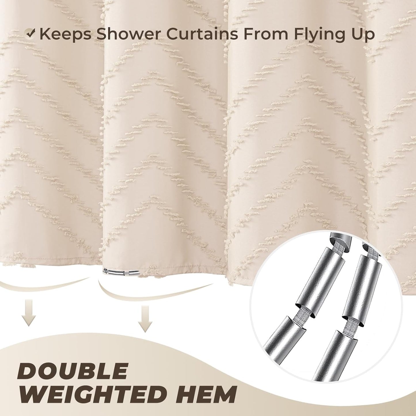 Cream Boho Fabric Shower Curtain 60 x 72 Modern Shabby Chic Textured Tufted Chevron Striped Minimalist Cloth Bathroom Shower Curtain