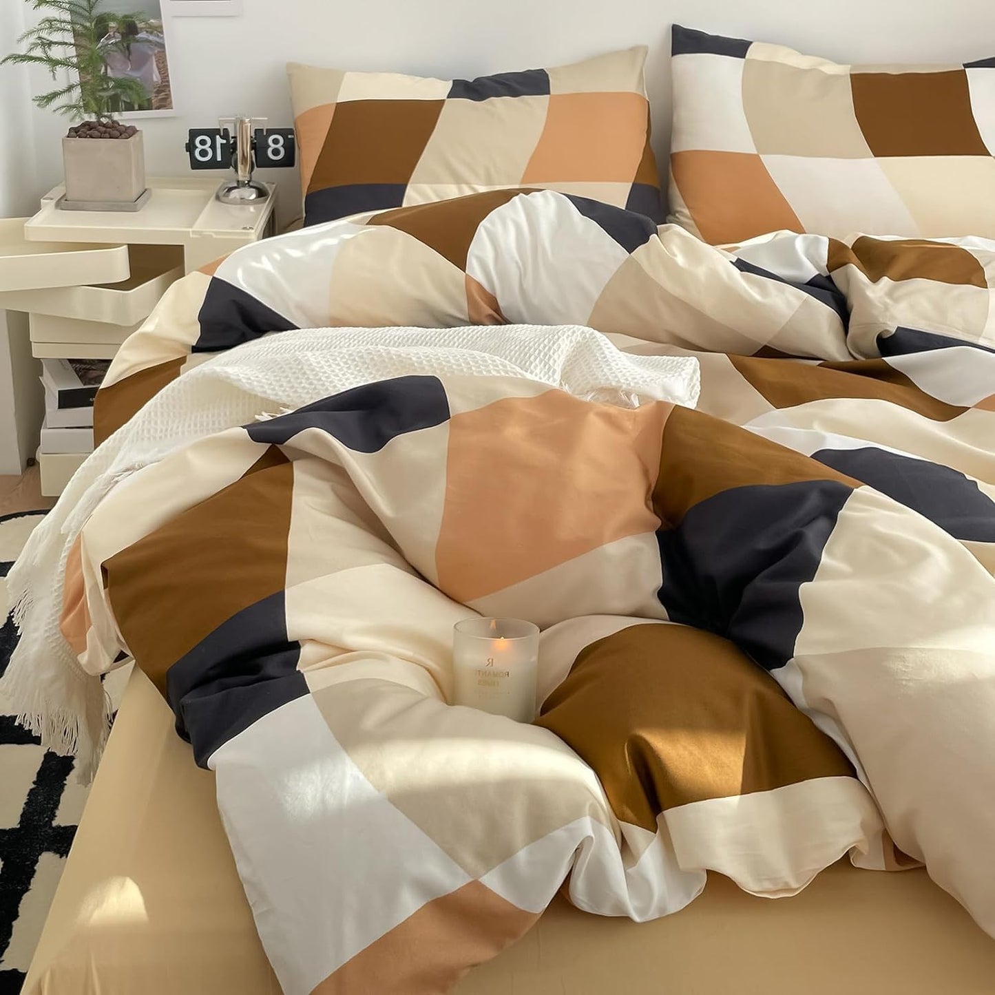 KAREVER Checkerd Comforter Set California King Multicolored Grid Bedding Men Women Chic Checkered Bed Blanket White Black Plaid Buffalo Cal King Bedding Comforter All Season Hotel Quality