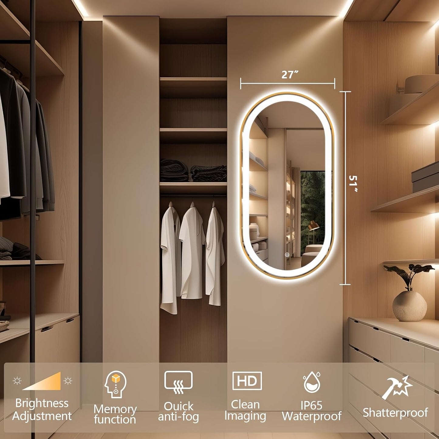 51" x 27" Oval LED Bathroom Mirror with Lights, Gold Metal Framed Anti-Fog LED Vanity Mirror, Lighted Bathroom Mirrors Wall Mounted, Stepless Dimmable, Shatter-Proof, Horizontal/Vertical