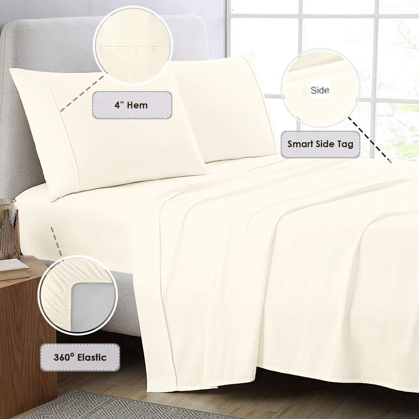 Pizuna Pure 100% Cotton Sheets - Full Size, 800 Thread Count Long Staple Cotton Crisp Sateen Sheets with 15in Deep Pocket (Ivory)