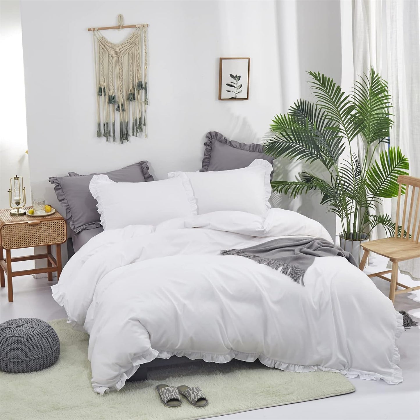 Cottonight White Comforter Set King White Ruffle Bedding Comforter Set Ruffles Farmhosue Boho White Blanket Quilts Rustic Soft Breathable Chic 3PCs Bedding Set for King Bed