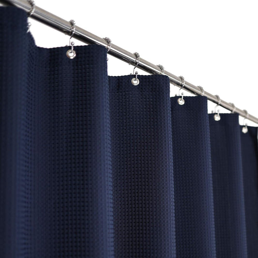 Barossa Design Extra Long Waffle Weave Shower Curtain 71" W x 84" H - Hotel Luxury Spa, 230 GSM Heavy Weighted Fabric, Water Repellent, Navy Blue, 71x84