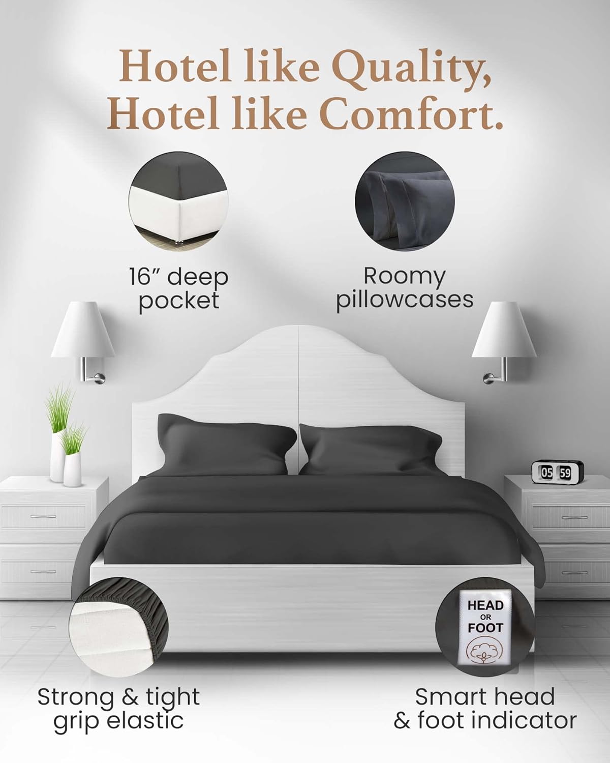 Good Sleep Bedding Split King Sheets Set, Egyptian Cotton, Luxury Sheets, 5 Piece, 2 Fitted - 16" Deep Pocket, Dark Gray