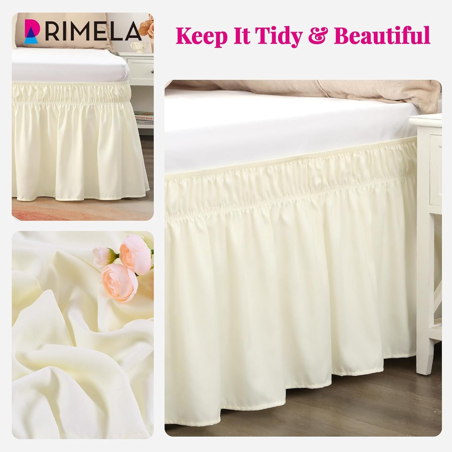 RIMELA Bed Skirt Queen Size 12 Inch Drop, Wrap Around Elastic Bedskirt Solid Microfiber Luxury Hotel Quality Fabric, Easy to Install Machine Washable Wrinkle & Fade Resistant, Cream Yellow