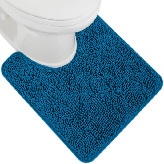 GORILLA GRIP Plush Absorbent Shaggy Chenille Bath Rug Mat for Oval Toilet Base with Rubber Backing, Machine Washable Rugs, Soft Microfiber Contour Mats for Toilets, Bathroom Decor, Blue
