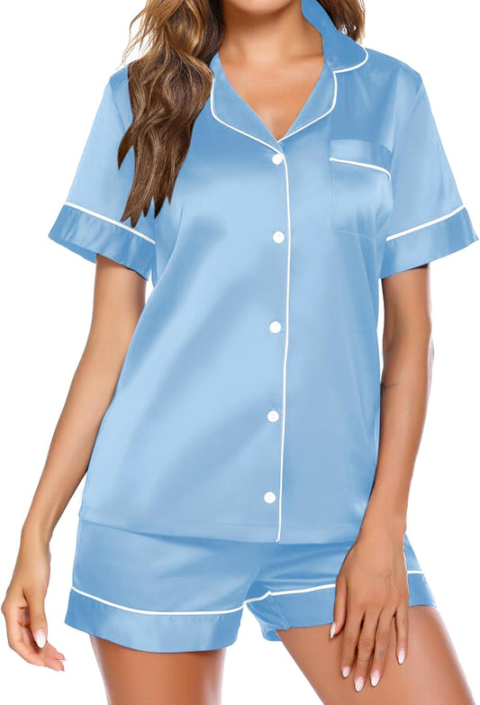 Ekouaer Pajamas for Women Set Silk Satin Pjs Shorts Sleepwear 2 Piece Loungewear S-XXL