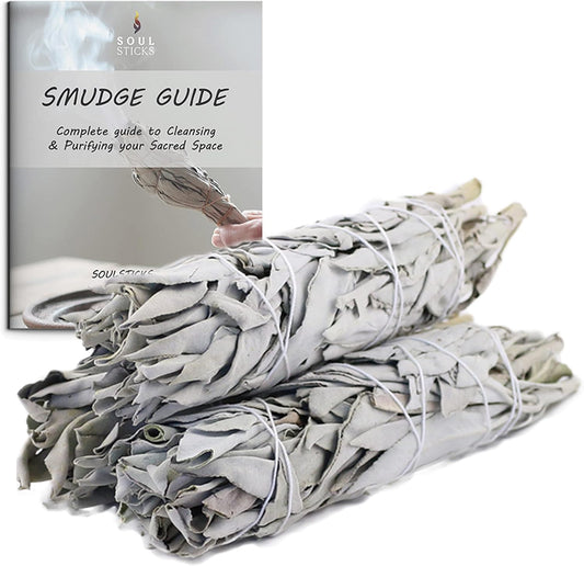 Ancient VEDA 6" White Sage Smudge Sticks for Cleansing House, Meditation, Yoga, Negative Energy Cleanse, and Smudging with Starter Guide | 6 Inch Organic California White Sage Bundles (3 Pack)