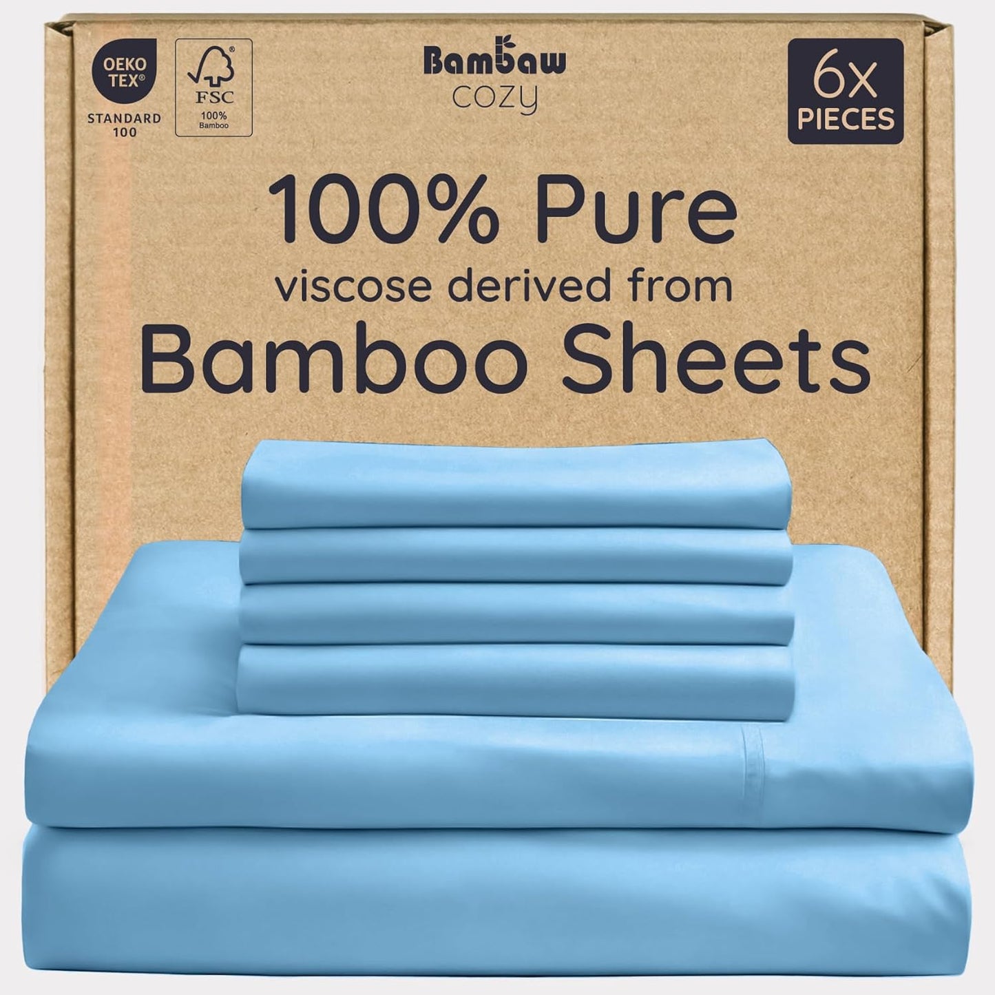 Bambaw 100% Viscose Derived from Bamboo Sheets King Size – 6pcs King Cooling Sheet Set, Luxury Sheets King Size Deep Pocket, Fits Up to 16'' Mattresses, Super Soft (Dream Blue)