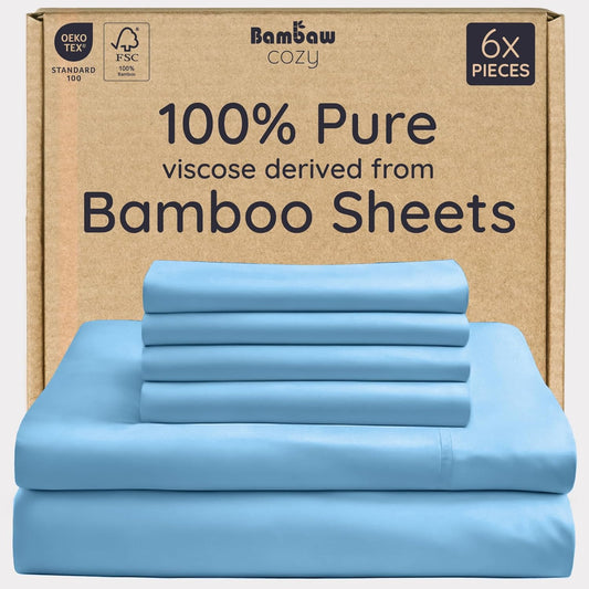Bambaw 100% Viscose Derived from Bamboo Sheets King Size – 6pcs King Cooling Sheet Set, Luxury Sheets King Size Deep Pocket, Fits Up to 16'' Mattresses, Super Soft (Dream Blue)
