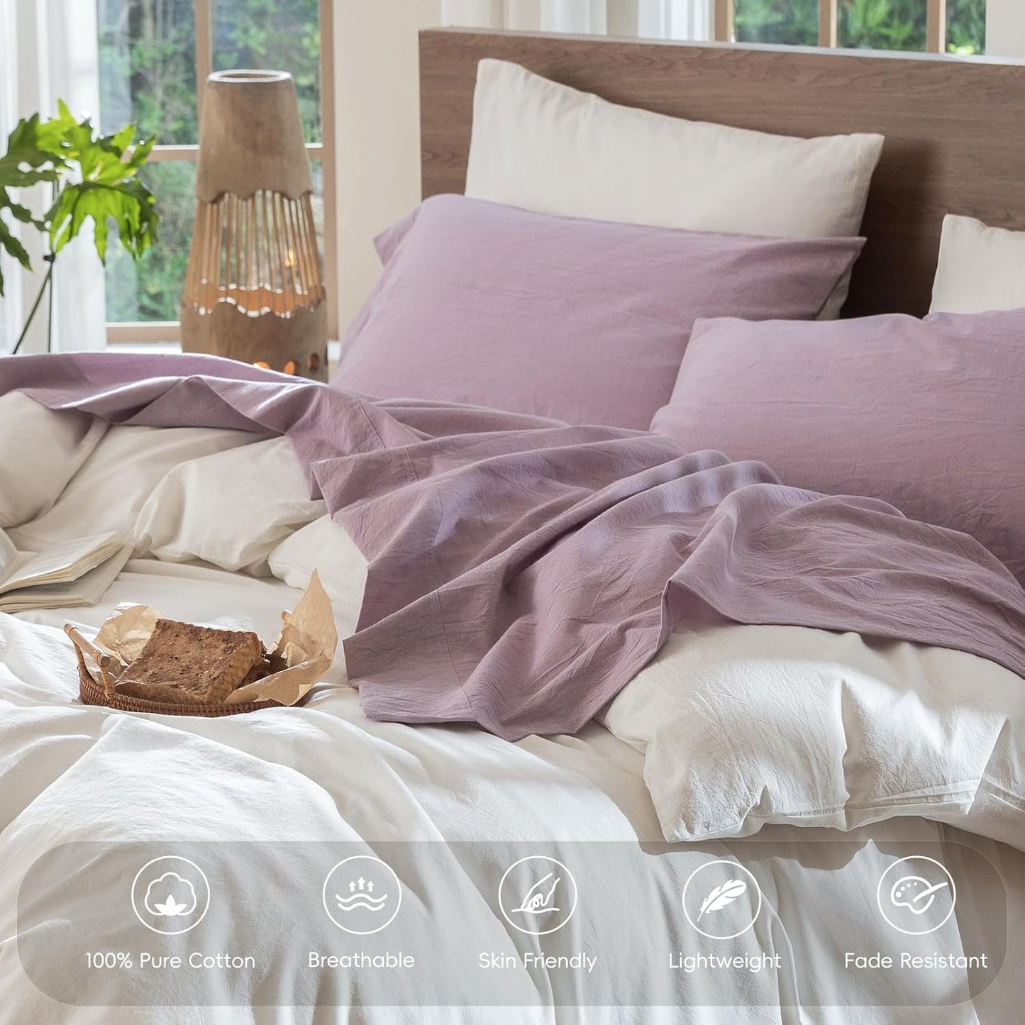 MooMee Bedding Sheet Set 100% Washed Cotton Linen Like Textured Breathable Durable Soft Comfy (Heathered Light Purple, Full)